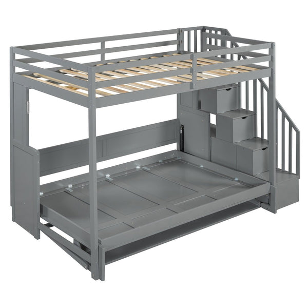 English Elm Full Over Murphy Bunk Bed with Hydraulic Lift Desk and Staircase Storage Gray LP200698AAE