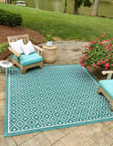 Unique Loom Outdoor Trellis Kafes Machine Made Geometric Rug Teal, Ivory 7' 10" x 7' 10"