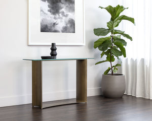 Sunpan Denver Console Table - Modern Glass Top with Antique Brass Base, Handcrafted Elegance for Home Decor