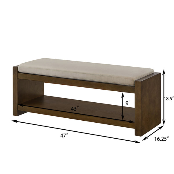 English Elm 47" Accent Bench with Lower Shelf Shoe Rack, Removable Padded Cushion, Modern Entryway Seating with Storage and Raised Sides for Stability Linen W2186P292099