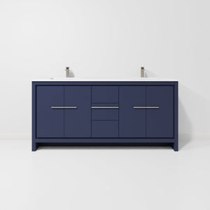 English Elm Navy Double Bath Vanity 72" W With White Quartz Top, Gun Metal Faucet, And Ample Storage Solutions B2731P259491