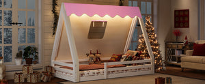English Elm Twin Montessori Floor Bed Solid Pine Teepee Frame with Guardrails and Canopy Light W1580P369465