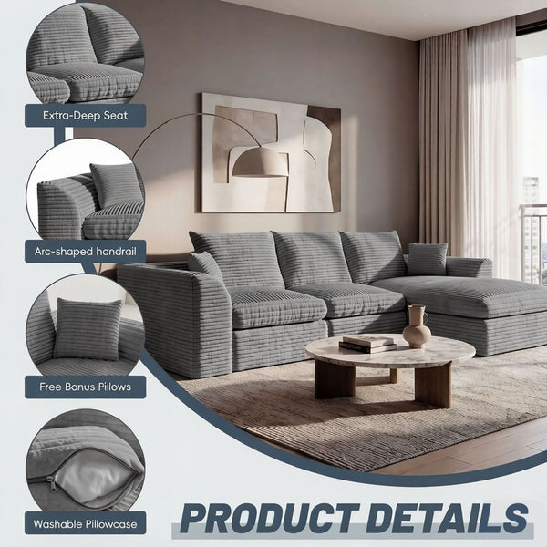 English Elm Modular Cloud Sectional Corduroy Sofa with Reversible Chaise and Memory Foam Comfort Grey W5638S00006