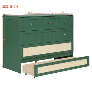 English Elm Full Size Murphy Wall Bed Cabinet with Rattan Panel Detailing and Storage Drawers Green N708P336203F