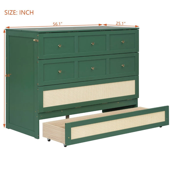 English Elm Full Size Murphy Wall Bed Cabinet with Rattan Panel Detailing and Storage Drawers Green N708P336203F
