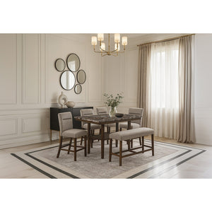 English Elm Marcello Brown Bar Table Set with Faux Marble Top, Upholstered Stools & Bench, Sturdy Storage B201S00441