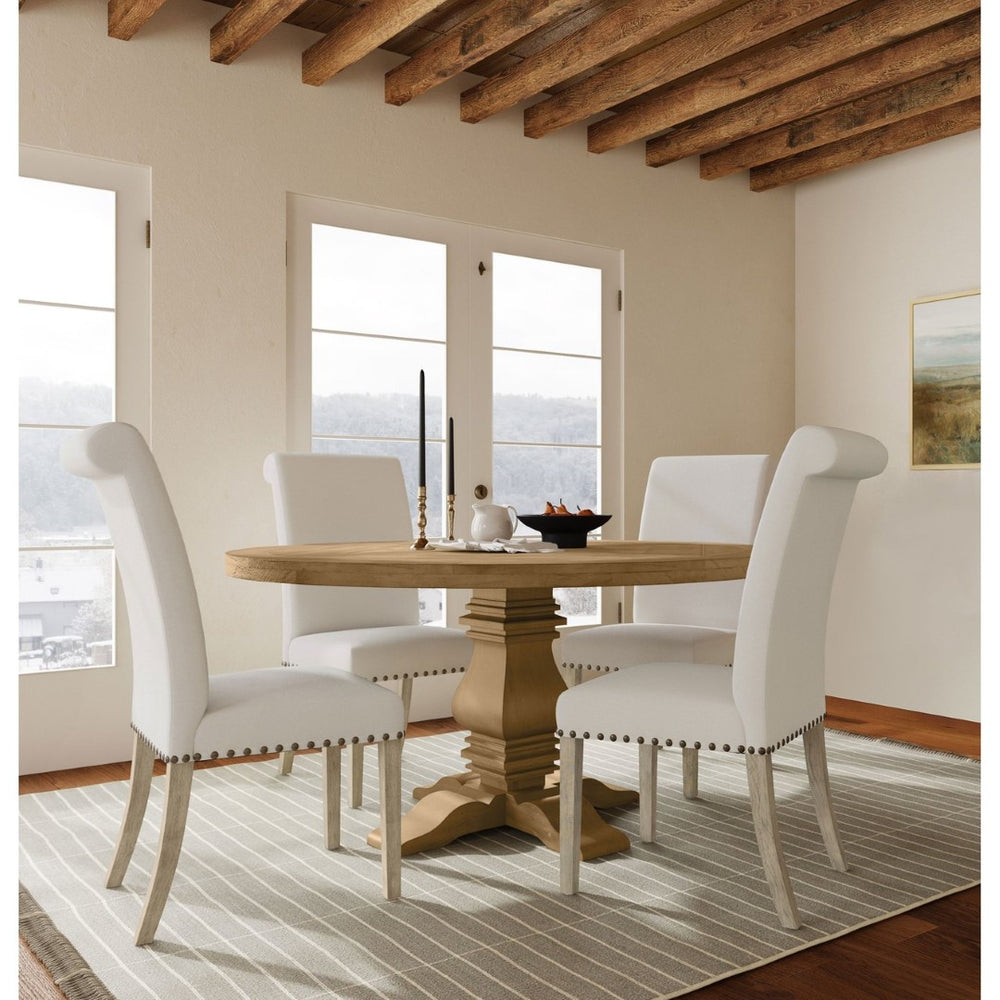 English Elm Rustic Honey Pine Pedestal Round Dining Set Seats Four with Nailhead Chair Trim B062S01844