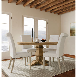 English Elm Rustic Honey Pine Pedestal Round Dining Set Seats Four with Nailhead Chair Trim B062S01844