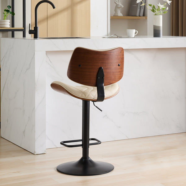 English Elm Walnut Mid-Century Bentwood Swivel Bar Stool — Ergonomic Faux Leather Seat, Wide Stable Base Beige W1143P173515