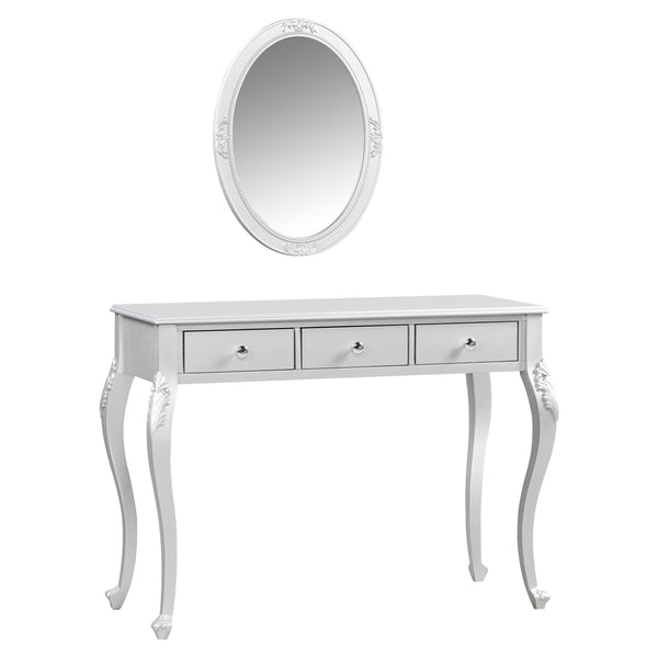 English Elm Luxury Makeup Vanity Desk with Oval Mirror and Engraved Floral Frame, Velvet Jewelry Tray, Durable Drawers and Elegant Console for Bedroom & Living Room Decor Silver N844P292481S