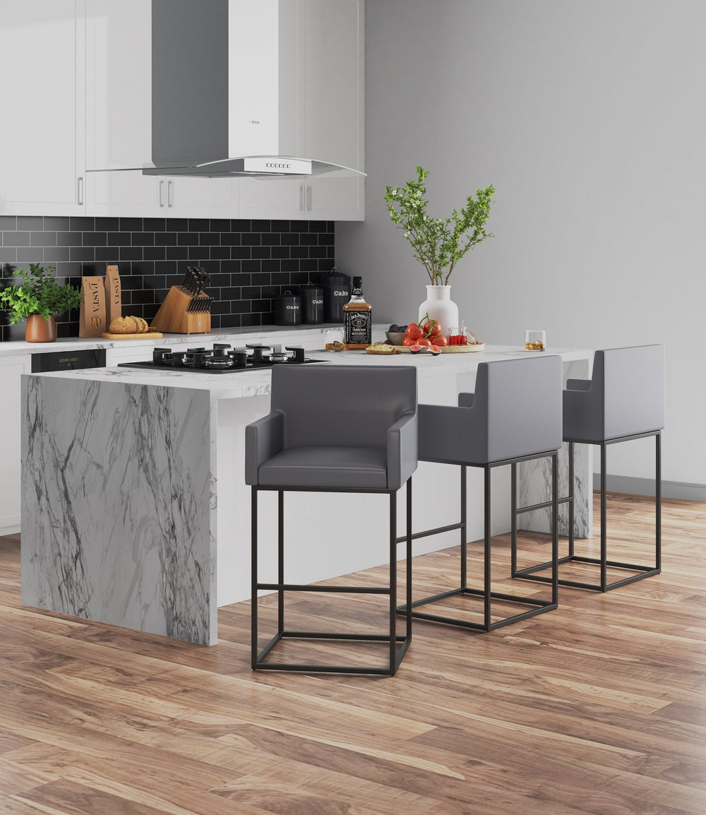 English Elm Ambassador Metal Upholstered Barstool Gray — Faux Leather Padded Seat, Armrests, Footrest, 30" Height B365P398475