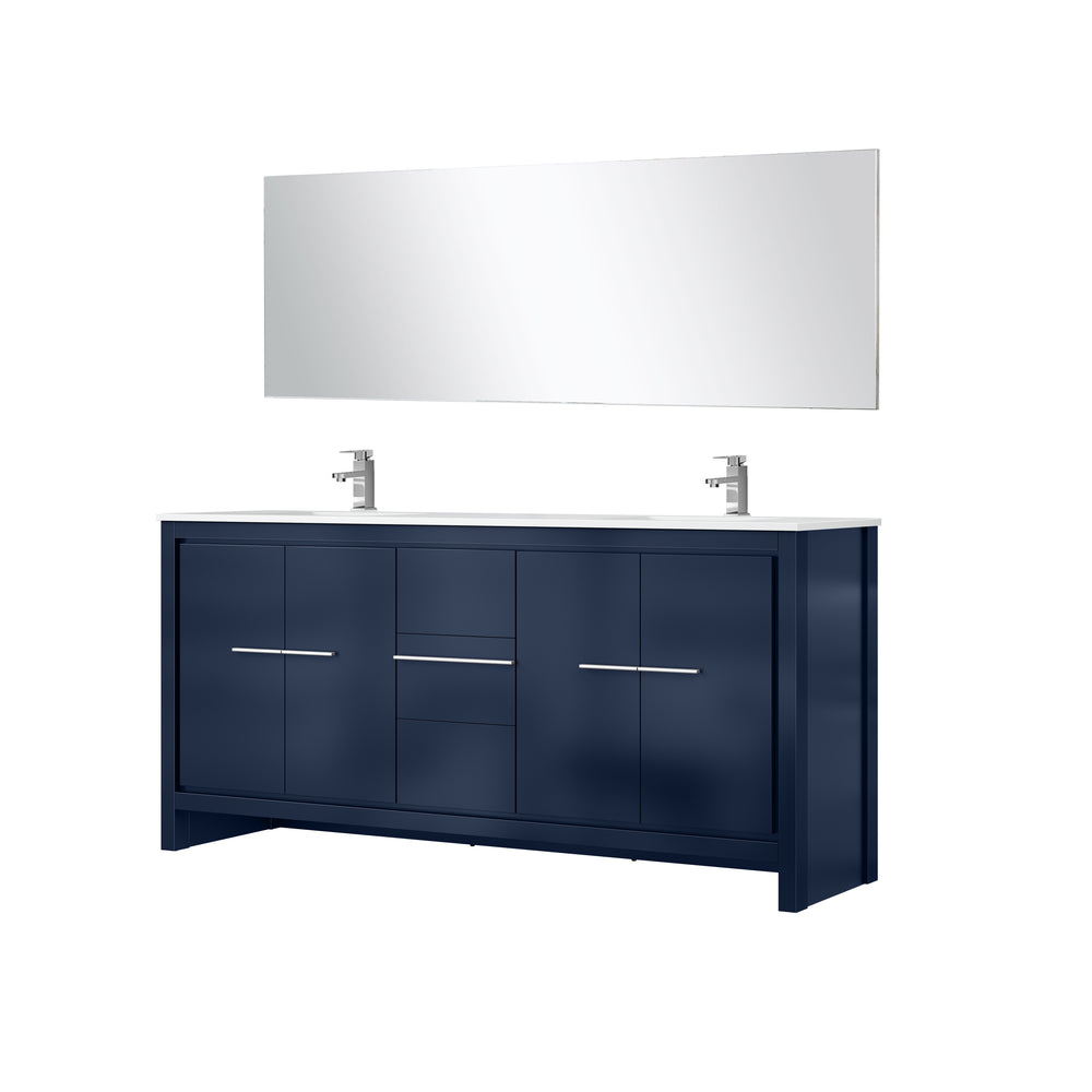 English Elm Navy Blue Double Bath Vanity With Cultured Marble Top, Chrome Faucet & 70" Mirror - Stylish Storage! B2731S01745