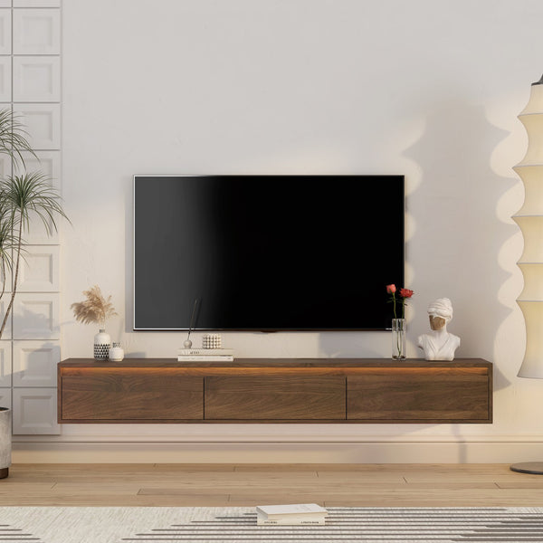 English Elm Floating TV Stand with LED Touch Light, Built-In Power & USB Ports, High-Gloss Wood TV Cabinet, Hidden Cord Management and Ample Storage for Living Room Entertainment W1321P272342