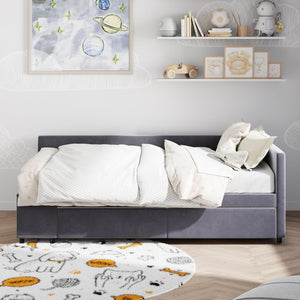 English Elm Twin Velvet L-Shaped Upholstered Platform Bed with Plush Headboard, Hidden Drawers & Cabinet Storage Gray SF000182AAE