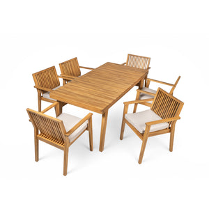 English Elm Christopher Knight Home® - Durable 7-Piece Patio Dining Set With Acacia Wood Table & 6 Heavy-Duty Cushioned Chairs, Natural Finish N779P234497N-3_N779P234500N