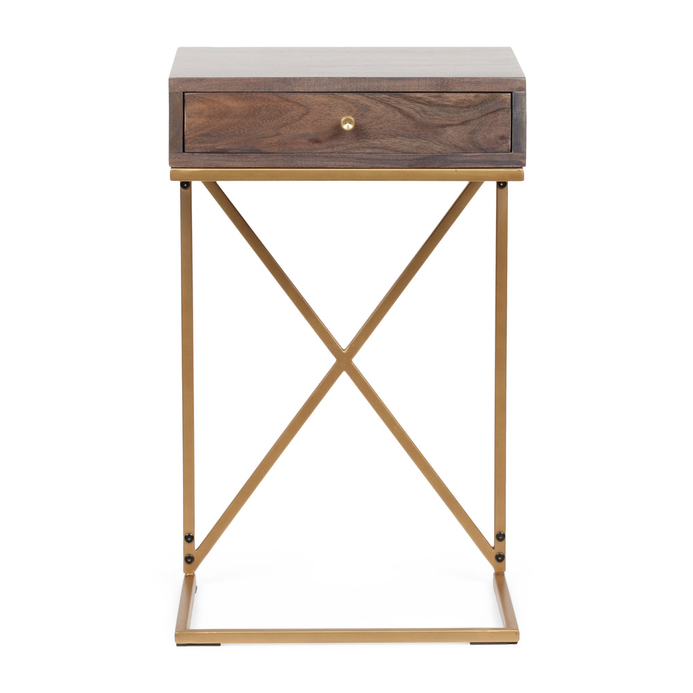 English Elm Christopher Knight Home® - END C-Shape End Table with Drawer in Dark Brown Acacia Wood & Gold Metal Legs — Rustic Glam Accent (97) 68743.00