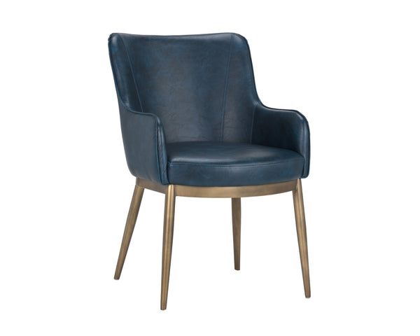Sunpan Franklin Dining Armchair - Elegant Barrel Back Design with Antique Brass Frame for Modern Spaces Vintage Blue
