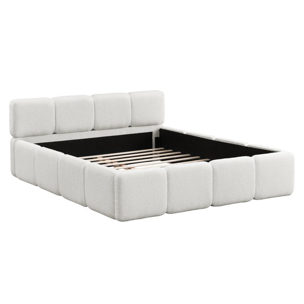 English Elm Queen Boucle Upholstered Platform Bed Low Profile Block Silhouette for Modern Bedroom N757P385459W