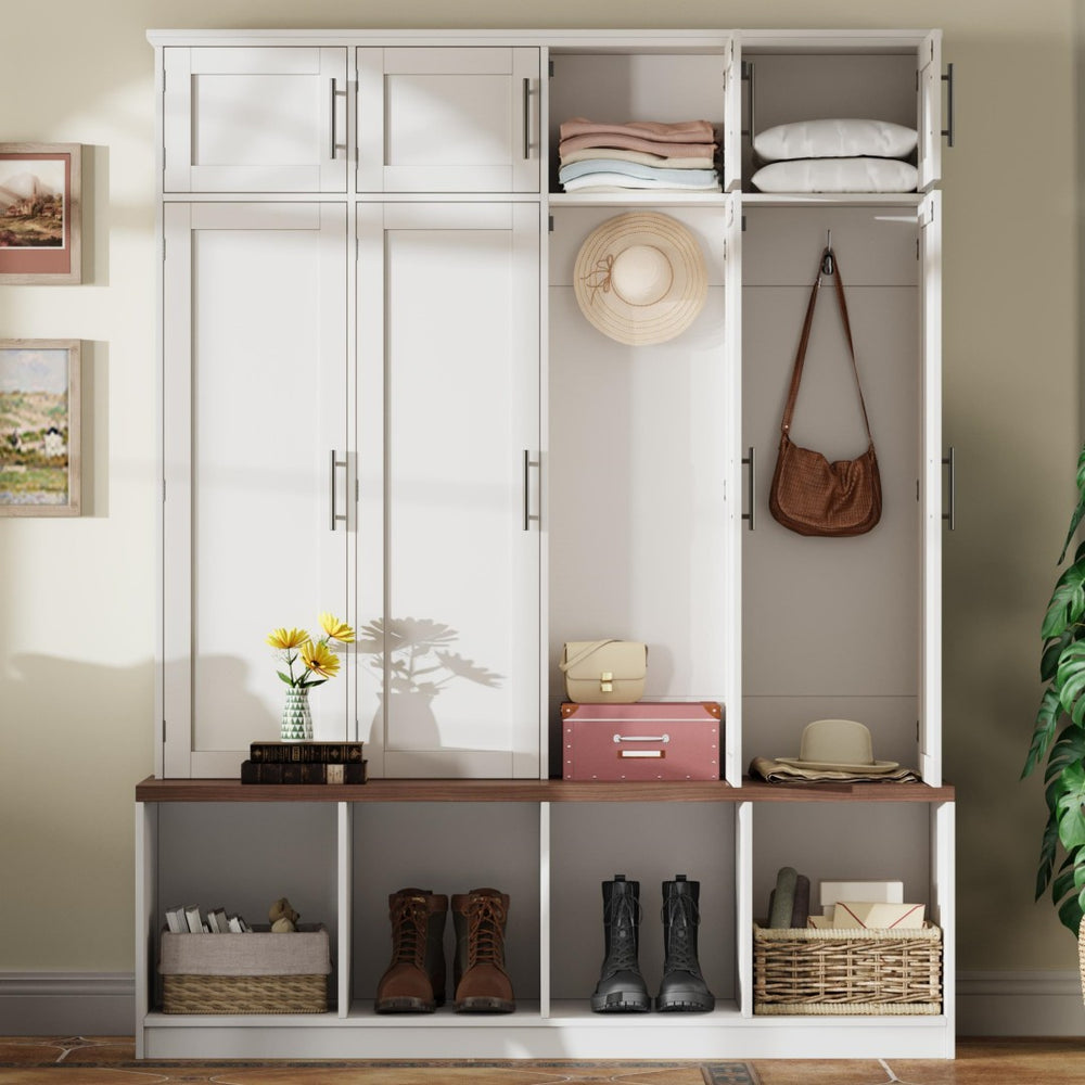 English Elm Farmhouse Hall Tree with Triple Arch Back Panel Eight Hooks Drawers and Entryway Bench White N721S000059K-1