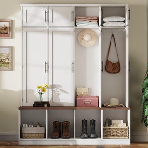 English Elm Farmhouse Hall Tree with Triple Arch Back Panel Eight Hooks Drawers and Entryway Bench White N721S000059K-1