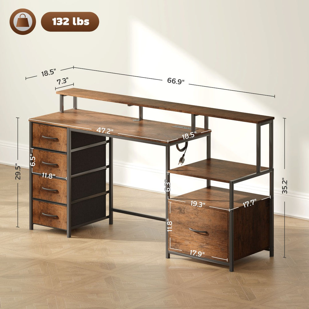 English Elm Computer L Shaped Corner Desk with Rgb Lighting Power Outlets and File Storage T3971P411323