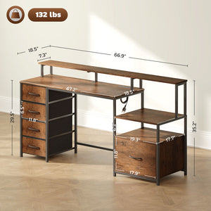 English Elm Computer L Shaped Corner Desk with Rgb Lighting Power Outlets and File Storage T3971P411323