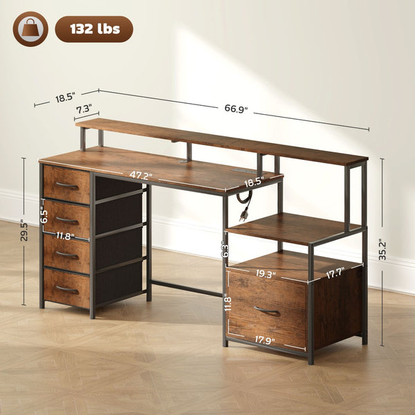 English Elm Computer L Shaped Corner Desk with Rgb Lighting Power Outlets and File Storage T3971P411323