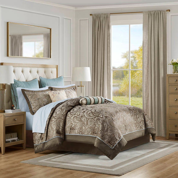 JLA Home Madison Park - 12 Madison Park Aubrey 12-piece bed set jacquard paisley comforter with 100% cotton sheets, tailored trim Blue/Brown MP10-116