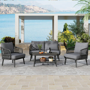 English Elm Christopher Knight Home® - 4-Piece Outdoor Patio Set with Woven Rope U-Back, Steel Frame, Thick Cushions & Acacia Table for Garden Black+Grey N780P209458G