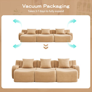 English Elm Three-Seat Modular Sofa with Plush Teddy Fabric, No Assembly, Ergonomic Curved Armrests & Non-Slip Base Camel W714S01434