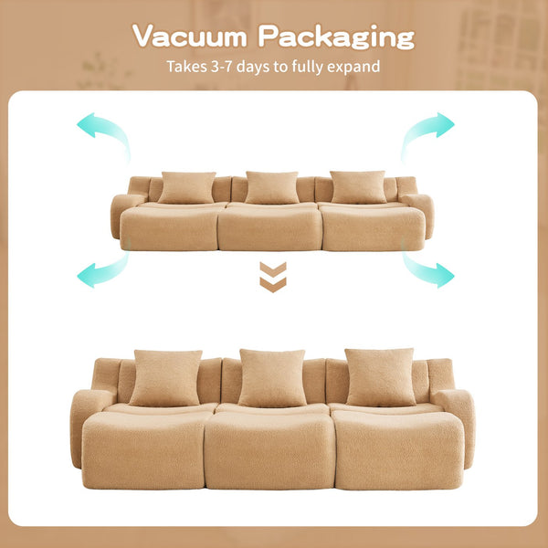 English Elm Three-Seat Modular Sofa with Plush Teddy Fabric, No Assembly, Ergonomic Curved Armrests & Non-Slip Base Camel W714S01434