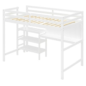 English Elm Twin Loft Bed with Built-in Desk Shelving and Dry-erase Board for Kids Rooms White LT100320AAK