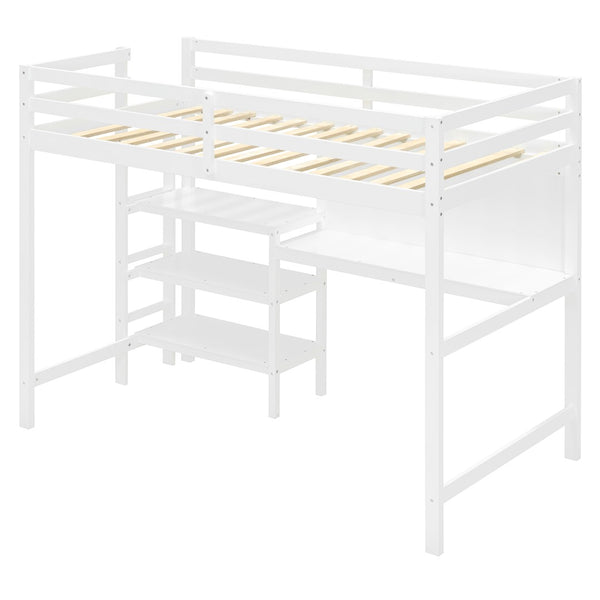 English Elm Twin Loft Bed with Built-in Desk Shelving and Dry-erase Board for Kids Rooms White LT100320AAK