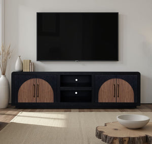 English Elm Eclipse 92" TV Stand Console for TVs up to 100" — Solid Oak & Walnut Two-Tone, No Assembly, Cable Ready B108P345176