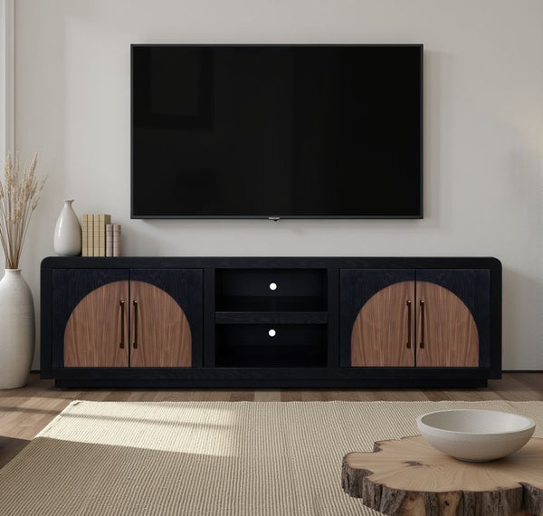 English Elm Eclipse 92" TV Stand Console for TVs up to 100" — Solid Oak & Walnut Two-Tone, No Assembly, Cable Ready B108P345176