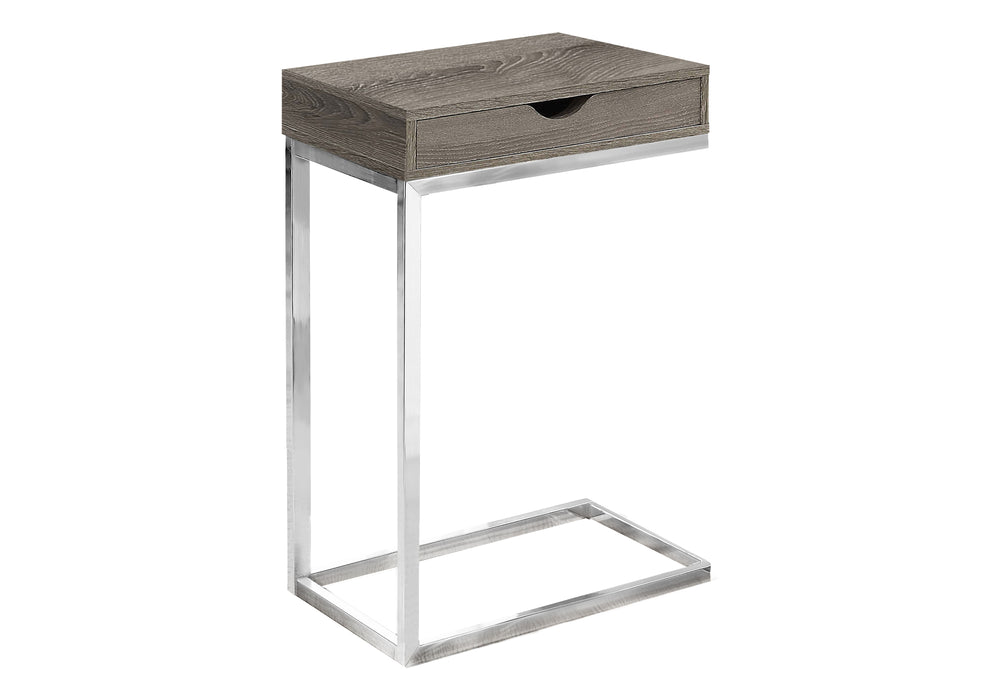 English Elm Accent C-Table Taupe with Chrome Base, Snack & Storage Drawer, Modern Living Room Accent Piece B2710P219237