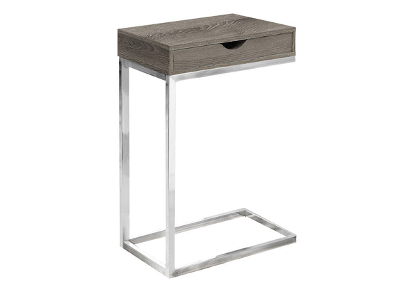 English Elm Accent C-Table Taupe with Chrome Base, Snack & Storage Drawer, Modern Living Room Accent Piece B2710P219237