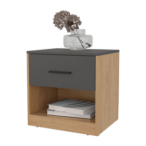 English Elm Solomon modern nightstand in natural oak & matt grey with drawer and open shelf for tidy bedside storage B128P263724