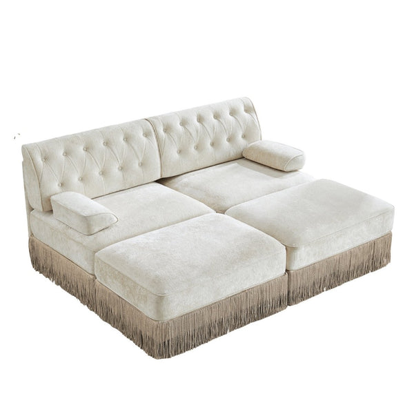 English Elm With Tufted Velvet Sectional Sofa Two Ottomans Tassel Skirt French Chesterfield Living Room Beige W714S01743