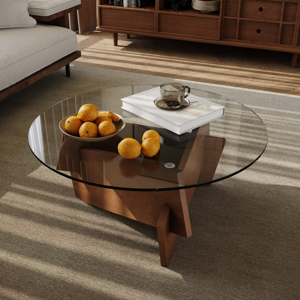 English Elm Modern Round Glass Top Coffee Table with Sculptural Wood Veneer Base for Living Room W2263P434052