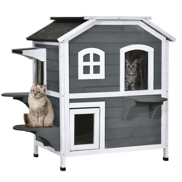English Elm Pawhut 2-Story Weatherproof Cat House For Outdoor Felines With Escape Doors & Open Roof, Gray W2225P217566-GIGA