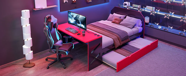 English Elm Full Size Wood Daybed with Twin Trundle Desk and Usb Charging for Teen Rooms Red LT000262AAR