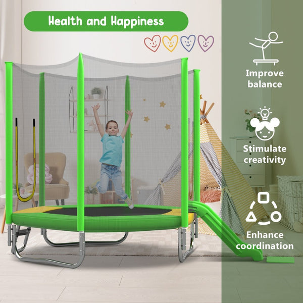 English Elm 7ft Hexagonal Kids Outdoor Trampoline with Slide Ladder and Safety Enclosure Net K821P382822F
