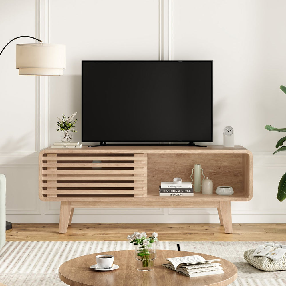 English Elm TV Stand Sleek Mid-Century Console with Sliding Door Storage and Open Shelves for Organized Living Room Natural T3623P379956