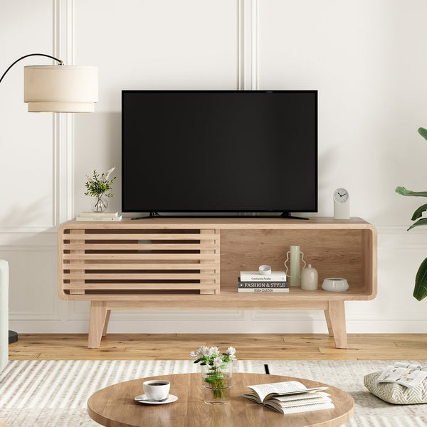 English Elm TV Stand Sleek Mid-Century Console with Sliding Door Storage and Open Shelves for Organized Living Room Natural T3623P379956
