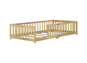 English Elm Twin Size Floor Bed With Safety Guardrails, Eco-Friendly Rubberwood Design For Toddler Independence W504P286397-GIGA