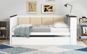 English Elm Twin Pine Wood Daybed with Trundle Upholstered Backrest Storage Shelf and Usb Port N7090002232K