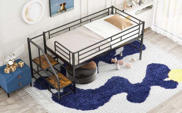 English Elm Mid Mid Loft Bed with Storage Stairs Twin Safety Ladder Low 26.6" Slats Sturdy Metal Frame Black MF323325AAB