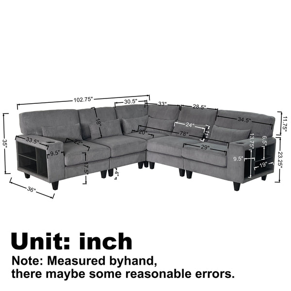 English Elm 102.75*102.75" L-Shaped Modular Sectional Sofa with Corduroy Upholstery, Storage Arm, Cup Holder, 5-Seat Convertible Lounge Beige W1926S00053