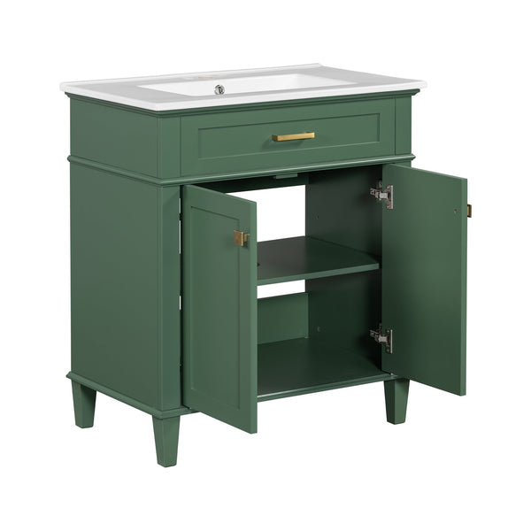 English Elm 30-inch bathroom vanity with ceramic basin, solid wood frame, soft-close doors and adjustable shelves for organized style and lasting durability Green N729P173380F